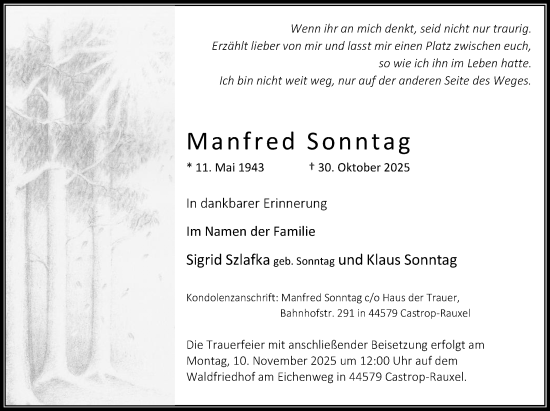 Traueranzeige von Manfred Sonntag von Stadtanzeiger Castrop-Rauxel