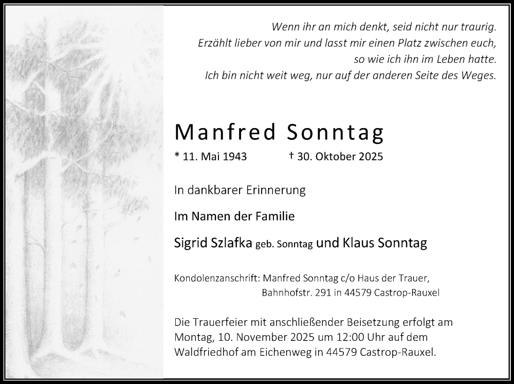 Traueranzeige für Manfred Sonntag vom 08.11.2025 aus Stadtanzeiger Castrop-Rauxel