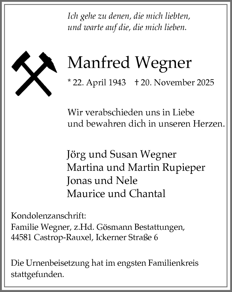  Traueranzeige für Manfred Wegner vom 29.11.2025 aus Stadtanzeiger Castrop-Rauxel