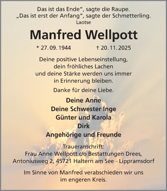 Traueranzeige von Manfred Wellpott von Ruhr Nachrichten und Halterner Zeitung