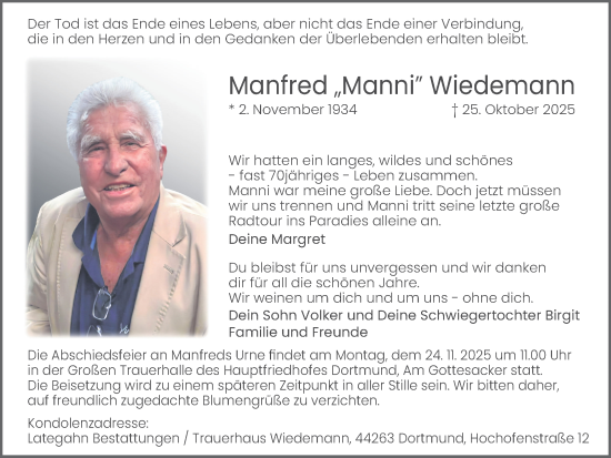 Traueranzeige von Manfred Wiedemann von Ruhr Nachrichten