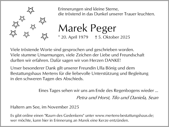 Traueranzeige von Marek Peger von Ruhr Nachrichten und Halterner Zeitung