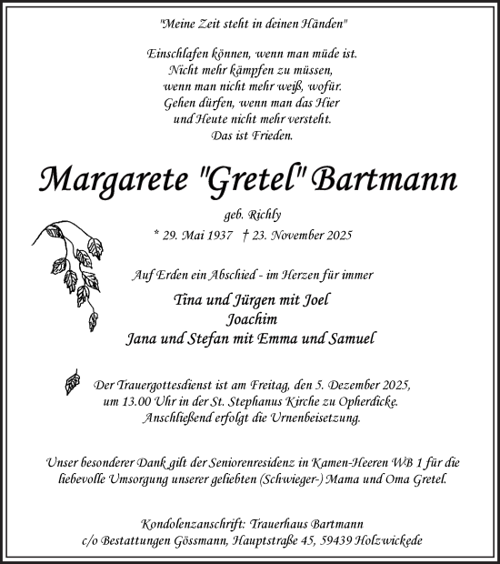 Traueranzeige von Margarete Bartmann von Hellweger Anzeiger