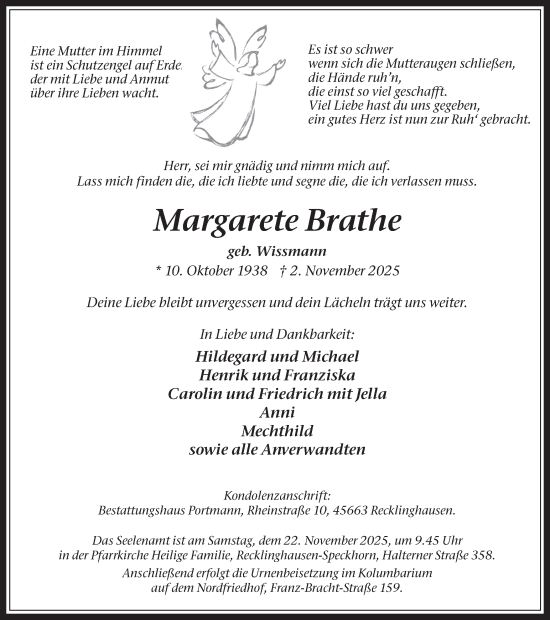 Traueranzeige von Margarete Brathe von Trauer Vest