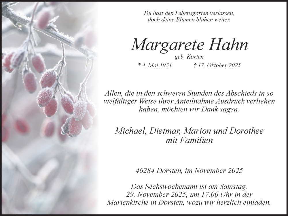  Traueranzeige für Margarete Hahn vom 22.11.2025 aus Ruhr Nachrichten und Dorstener Zeitung