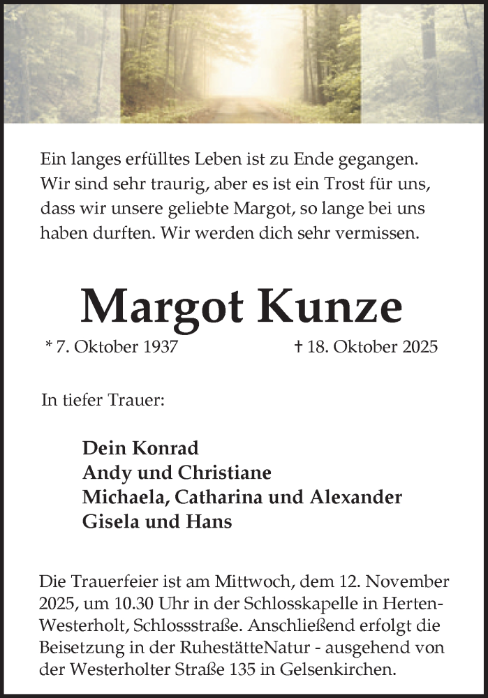  Traueranzeige für Margot Kunze vom 05.11.2025 aus Trauer Vest