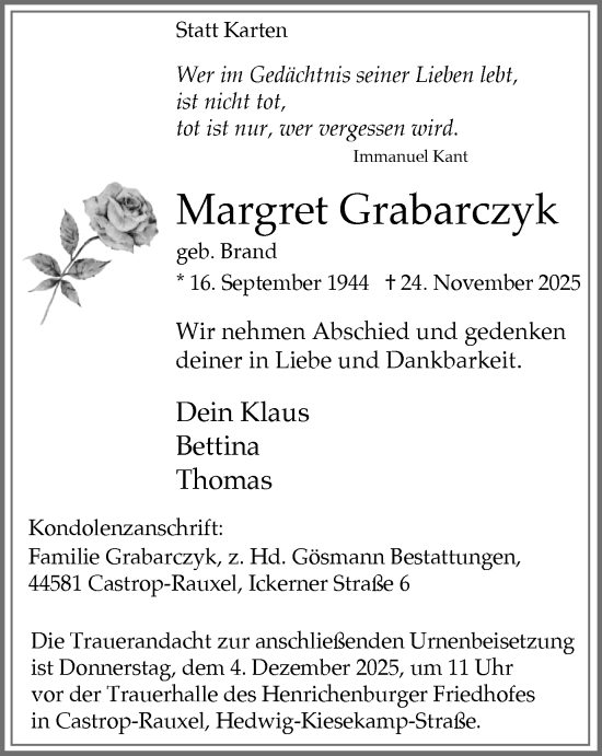 Traueranzeige von Margret Grabarczyk von Stadtanzeiger Castrop-Rauxel