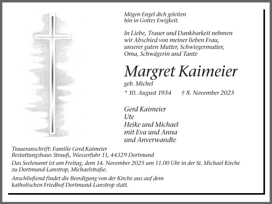Traueranzeige von Margret Kaimeier von Ruhr Nachrichten