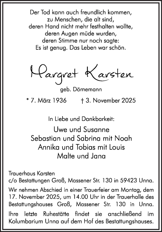 Traueranzeige von Margret Karsten von Hellweger Anzeiger