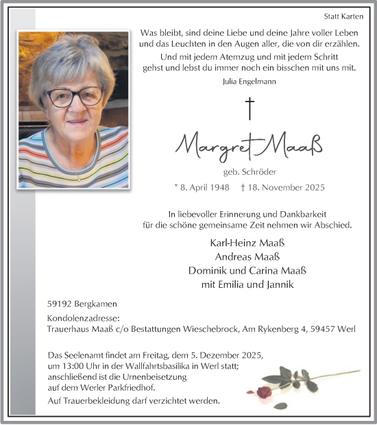 Traueranzeige von Margret Maaß von Hellweger Anzeiger