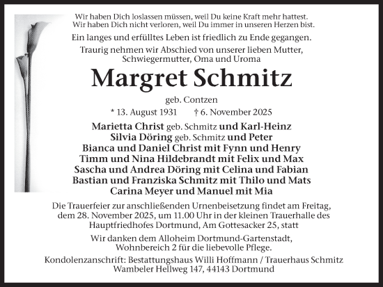Traueranzeige von Margret Schmitz von Ruhr Nachrichten