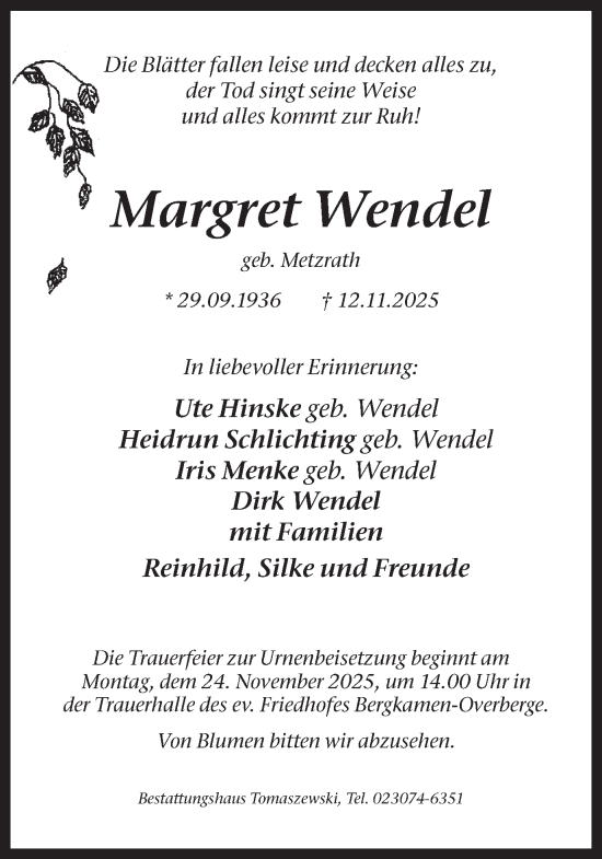 Traueranzeige von Margret Wendel von Hellweger Anzeiger