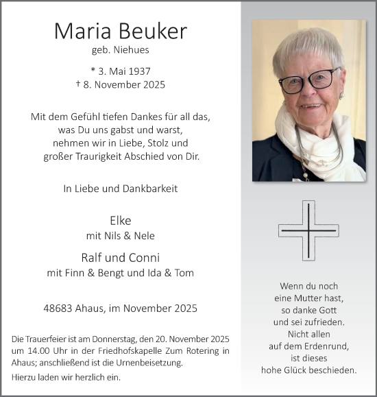 Traueranzeige von Maria Beuker von Münsterland Zeitung