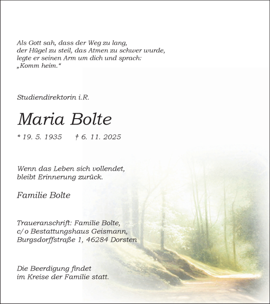 Traueranzeige von Maria Bolte von Ruhr Nachrichten und Dorstener Zeitung
