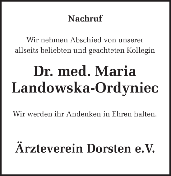 Traueranzeige von Maria Landowska-Ordyniec von Ruhr Nachrichten und Dorstener Zeitung