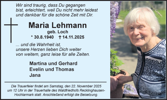 Traueranzeige von Maria Lehmann von Trauer Vest