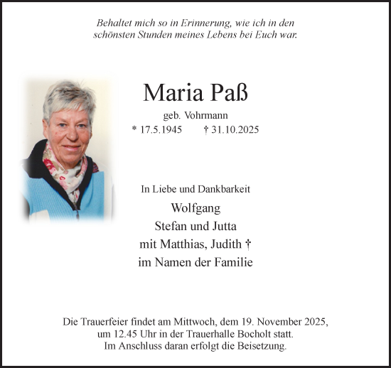 Traueranzeige von Maria Paß 