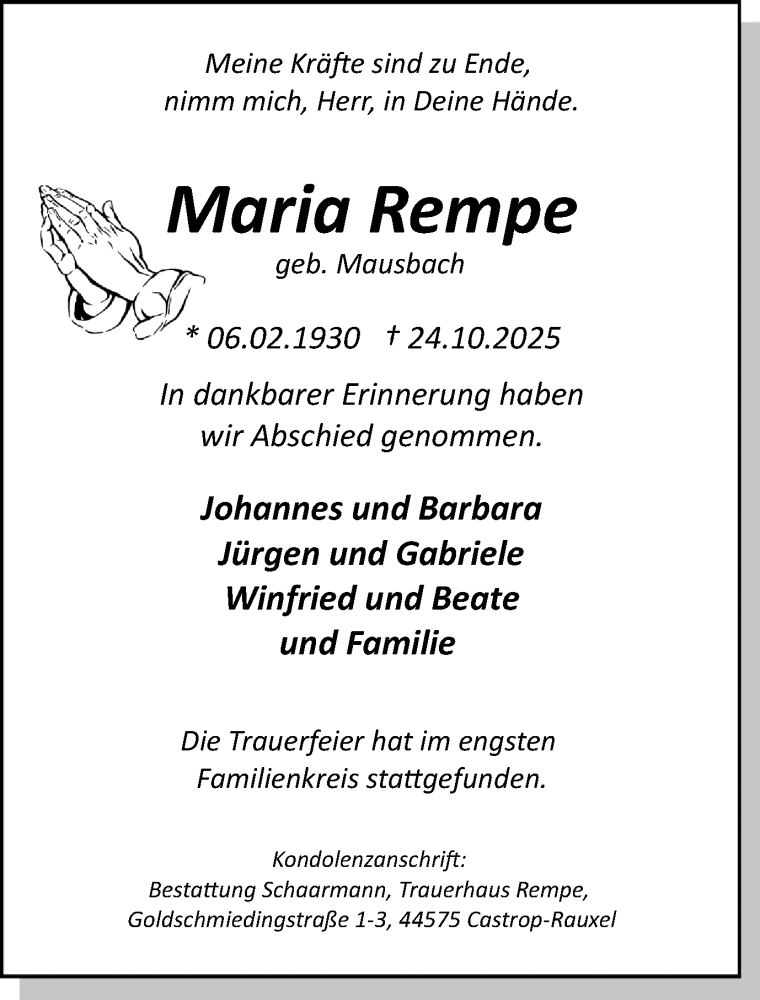  Traueranzeige für Maria Rempe vom 15.11.2025 aus Stadtanzeiger Castrop-Rauxel
