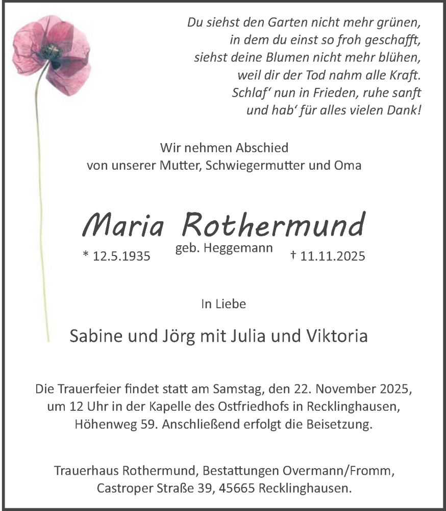  Traueranzeige für Maria Rothermund vom 15.11.2025 aus Trauer Vest