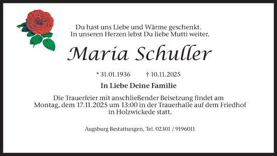 Traueranzeige von Maria Schuller von Hellweger Anzeiger
