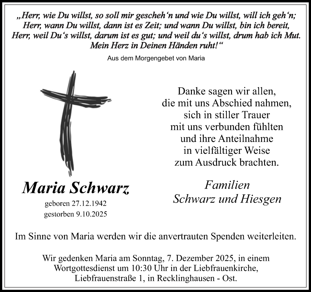  Traueranzeige für Maria Schwarz vom 29.11.2025 aus Trauer Vest