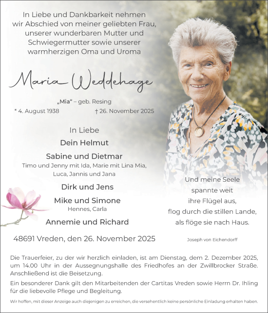 Traueranzeige von Maria Weddehage von Münsterland Zeitung