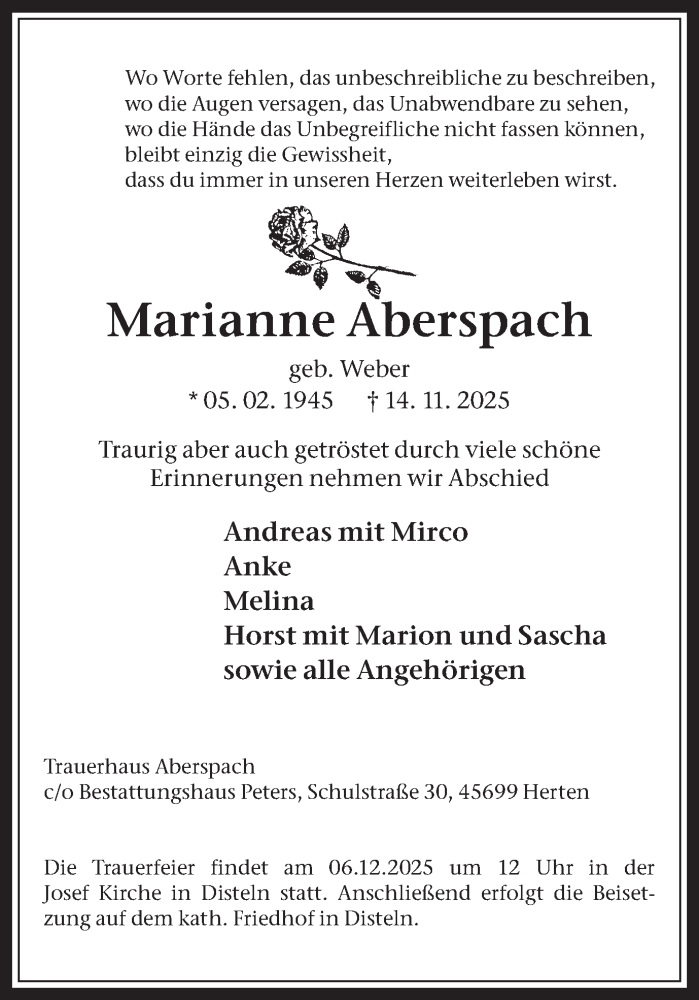  Traueranzeige für Marianne Aberspach vom 29.11.2025 aus Trauer Vest