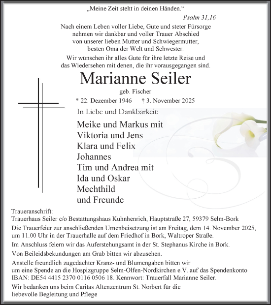 Traueranzeige von Marianne Seiler von Ruhr Nachrichten