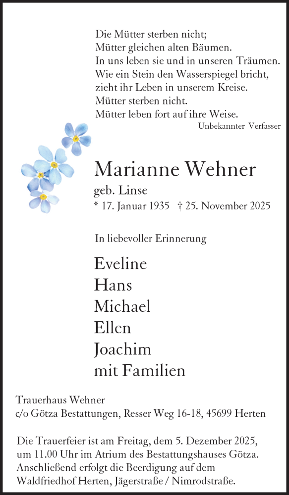  Traueranzeige für Marianne Wehner vom 29.11.2025 aus Trauer Vest