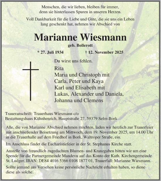 Traueranzeige von Marianne Wiesmann von Ruhr Nachrichten