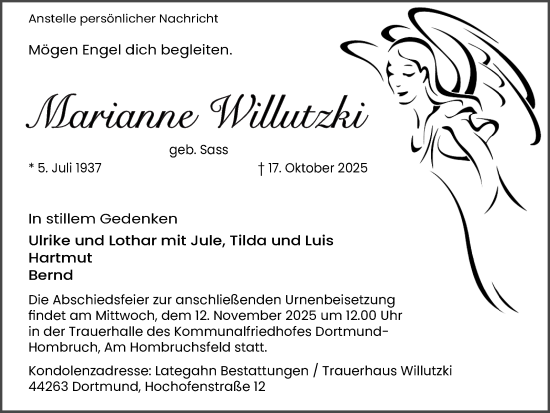 Traueranzeige von Marianne Willutzki von Ruhr Nachrichten