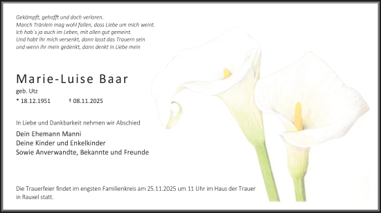 Traueranzeige von Marie-Luise Baar von Stadtanzeiger Castrop-Rauxel