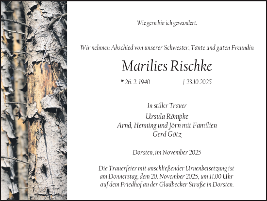Traueranzeige von Marilies Rischke von Ruhr Nachrichten und Dorstener Zeitung