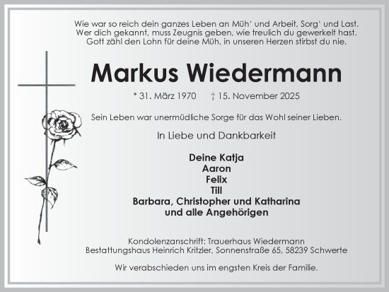 Traueranzeige von Markus Wiedermann von Ruhr Nachrichten