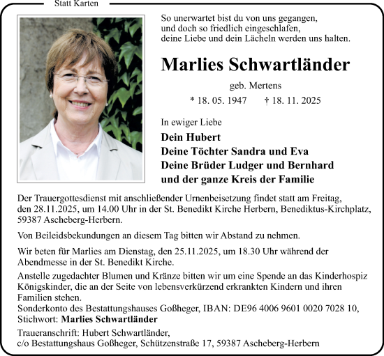 Traueranzeige von Marlies Schwartländer von Ruhr Nachrichten