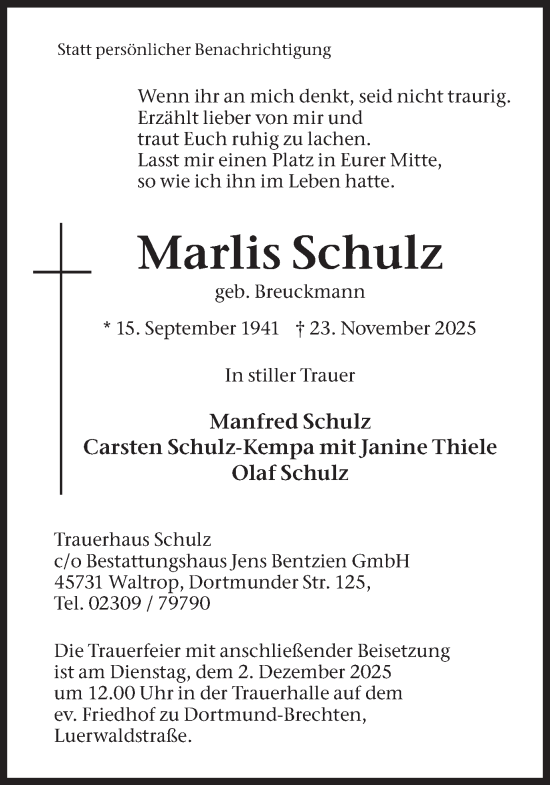 Traueranzeige von Marlis Schulz von Lüner Anzeiger