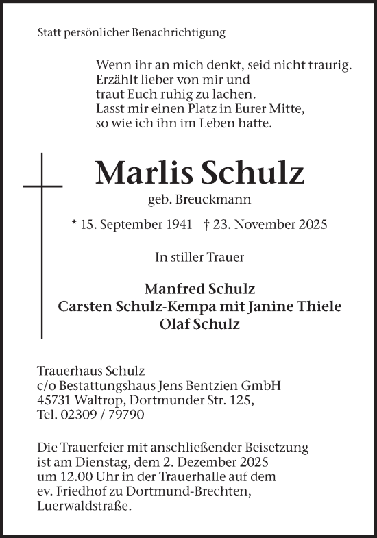 Traueranzeige von Marlis Schulz von Ruhr Nachrichten