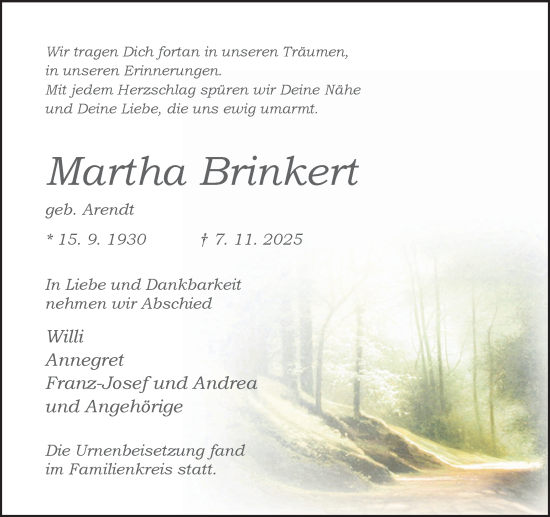 Traueranzeige von Martha Brinkert von Ruhr Nachrichten und Dorstener Zeitung