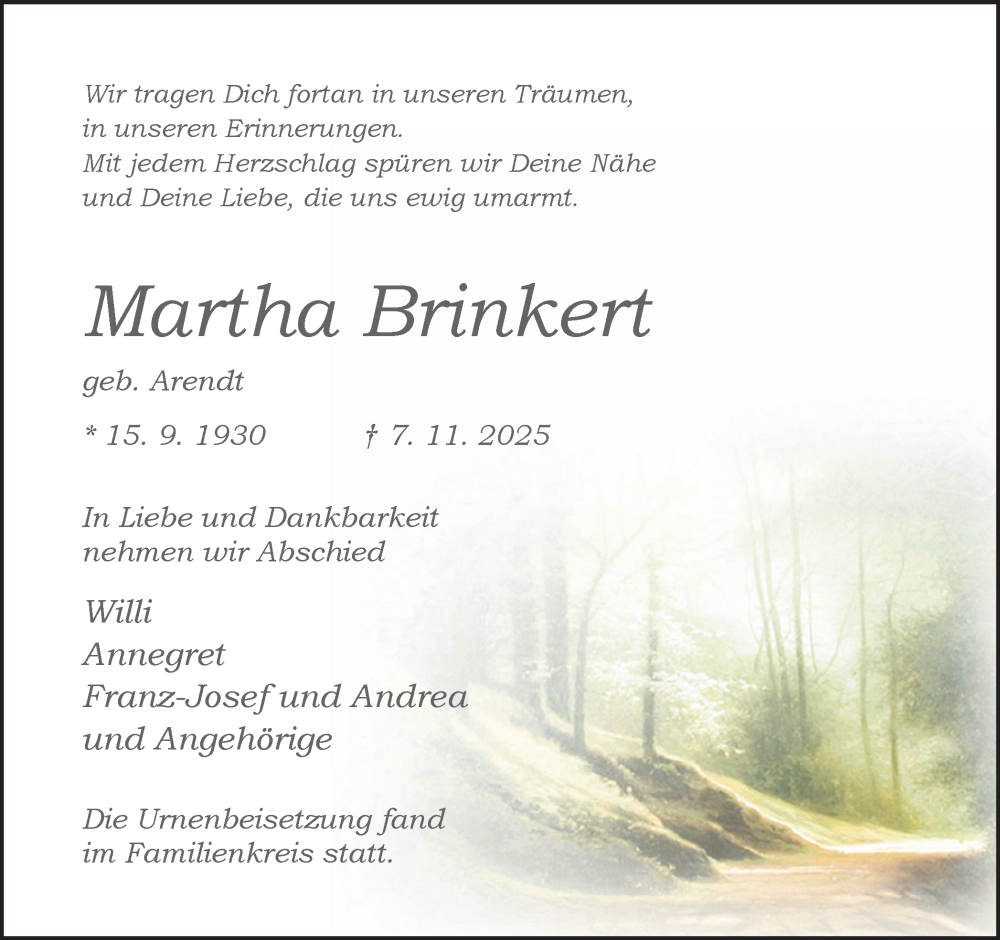  Traueranzeige für Martha Brinkert vom 29.11.2025 aus Ruhr Nachrichten und Dorstener Zeitung
