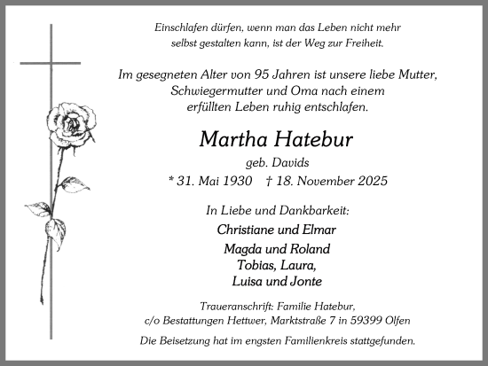 Traueranzeige von Martha Hatebur von Ruhr Nachrichten
