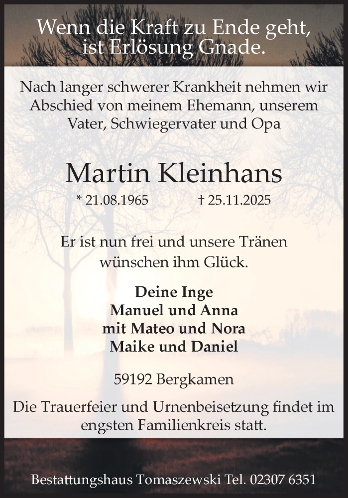  Traueranzeige für Martin Kleinhans vom 29.11.2025 aus Hellweger Anzeiger