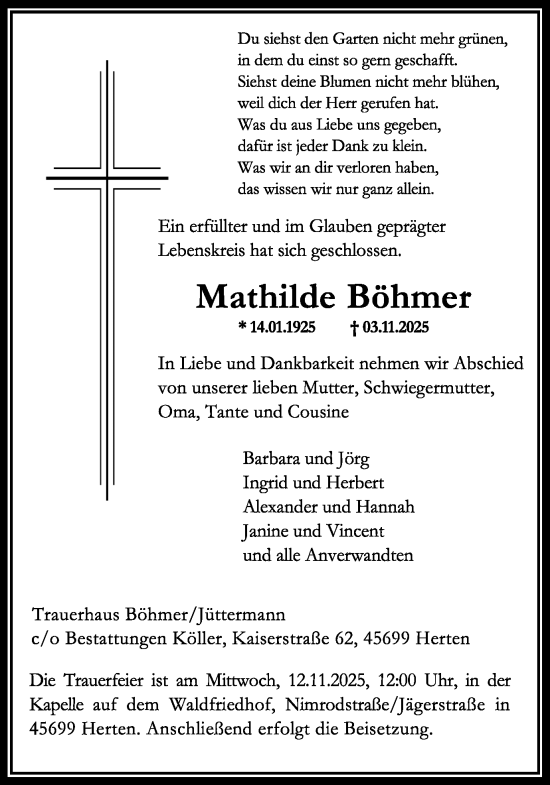 Traueranzeige von Mathilde Böhmer von Trauer Vest