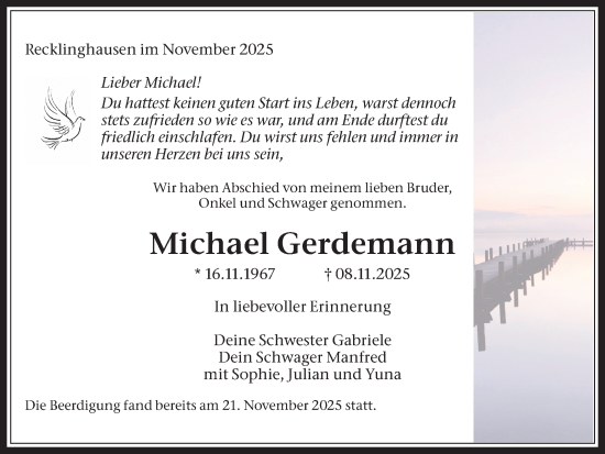 Traueranzeige von Michael Gerdemann von Trauer Vest