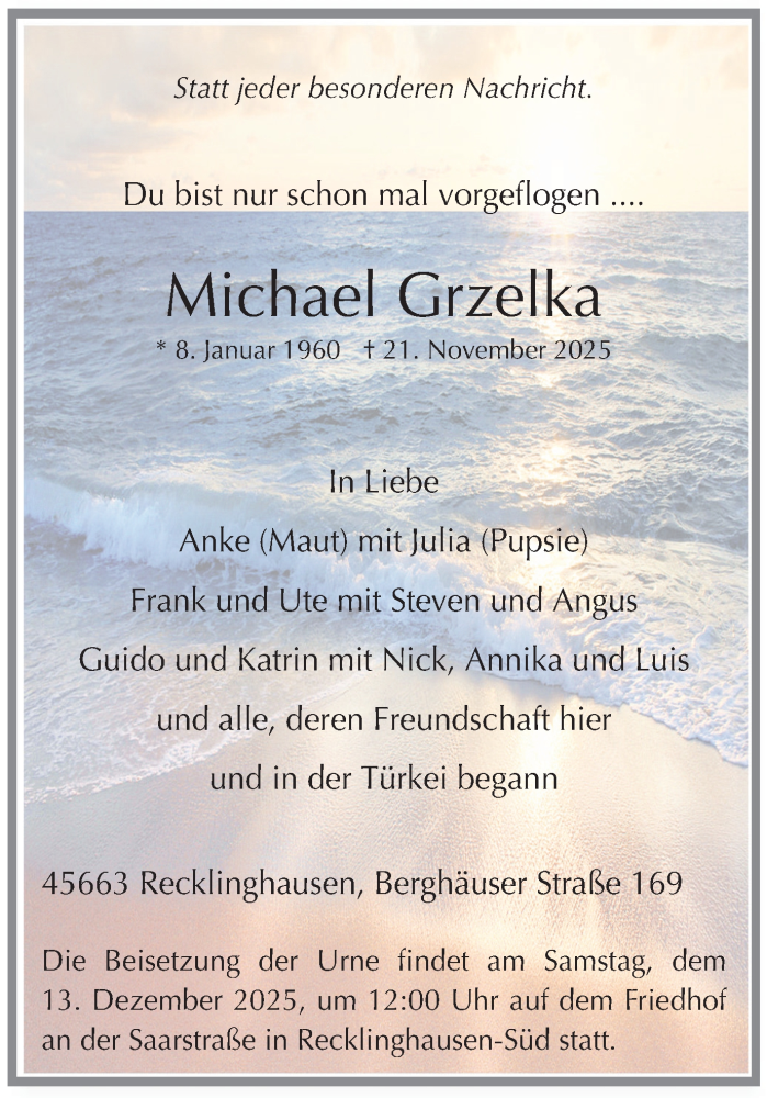  Traueranzeige für Michael Grzelka vom 29.11.2025 aus Trauer Vest