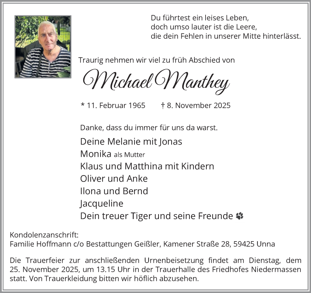  Traueranzeige für Michael Manthey vom 15.11.2025 aus Hellweger Anzeiger
