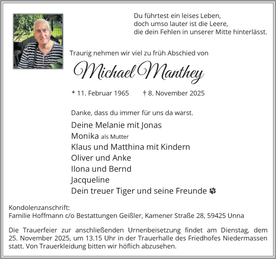 Traueranzeige von Michael Manthey von Hellweger Anzeiger