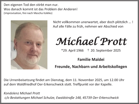 Traueranzeige von Michael Prott von Trauer Vest
