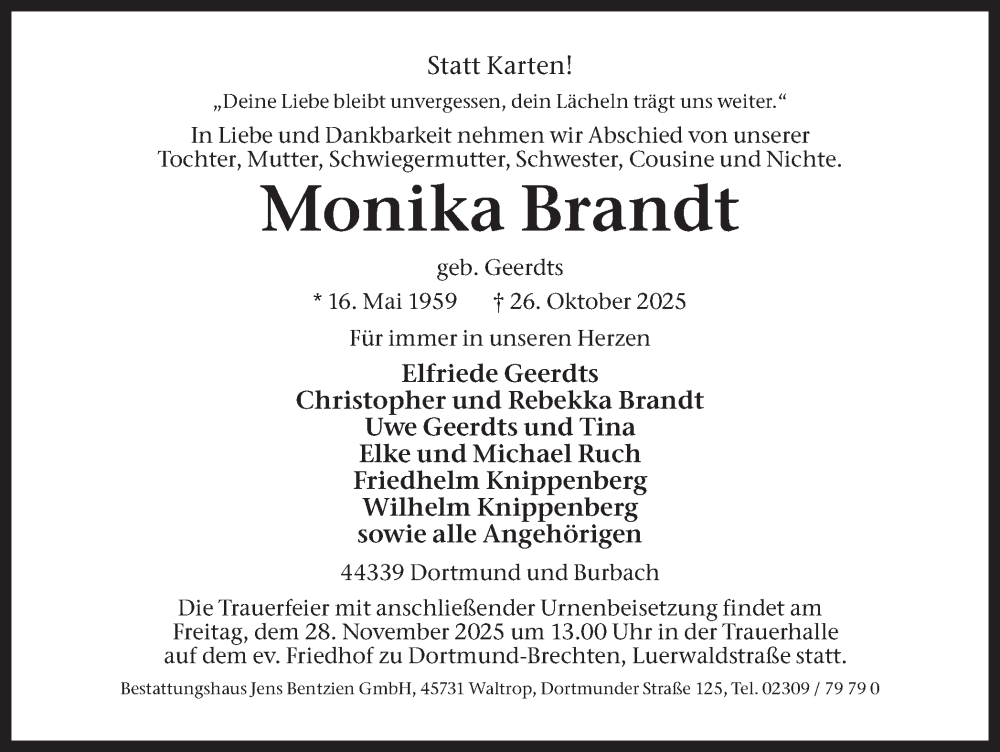  Traueranzeige für Monika Brandt vom 22.11.2025 aus Ruhr Nachrichten