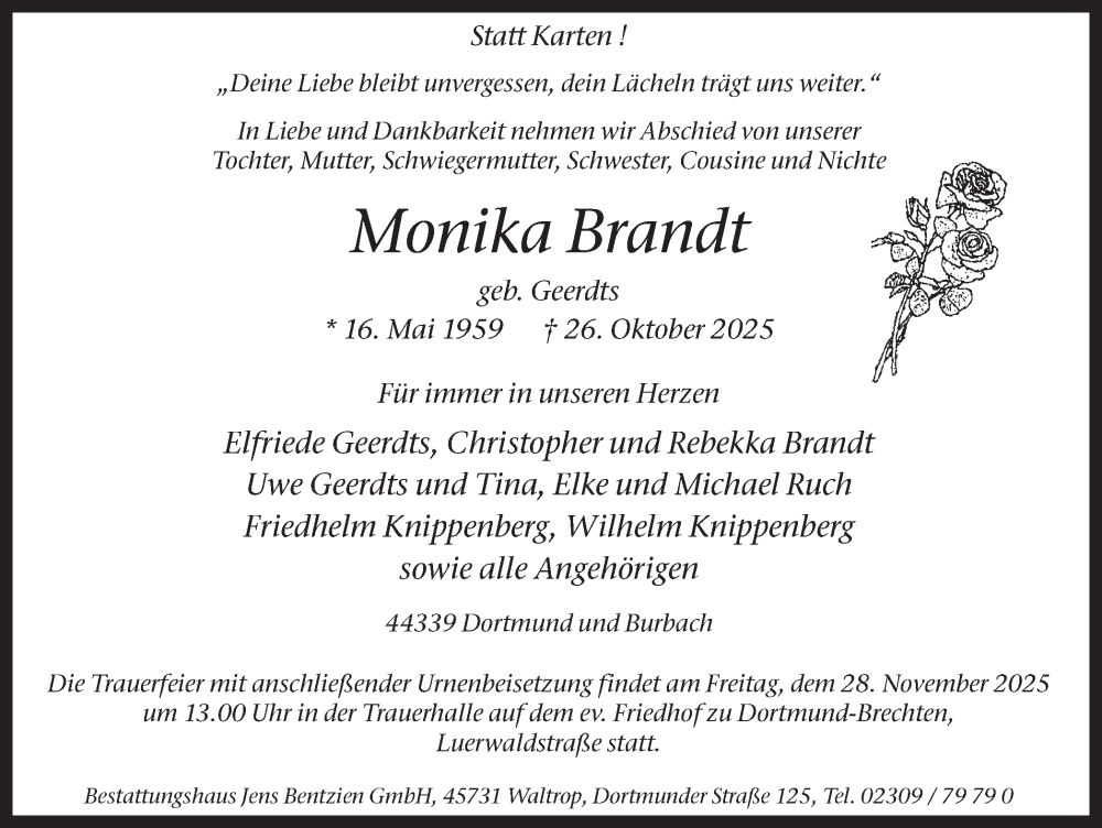  Traueranzeige für Monika Brandt vom 22.11.2025 aus Ruhr Nachrichten