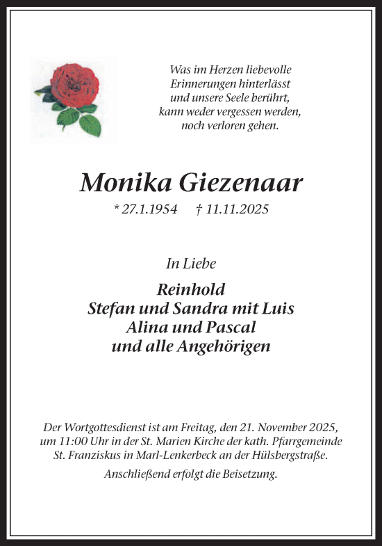 Traueranzeige von Monika Giezenaar von Trauer Vest